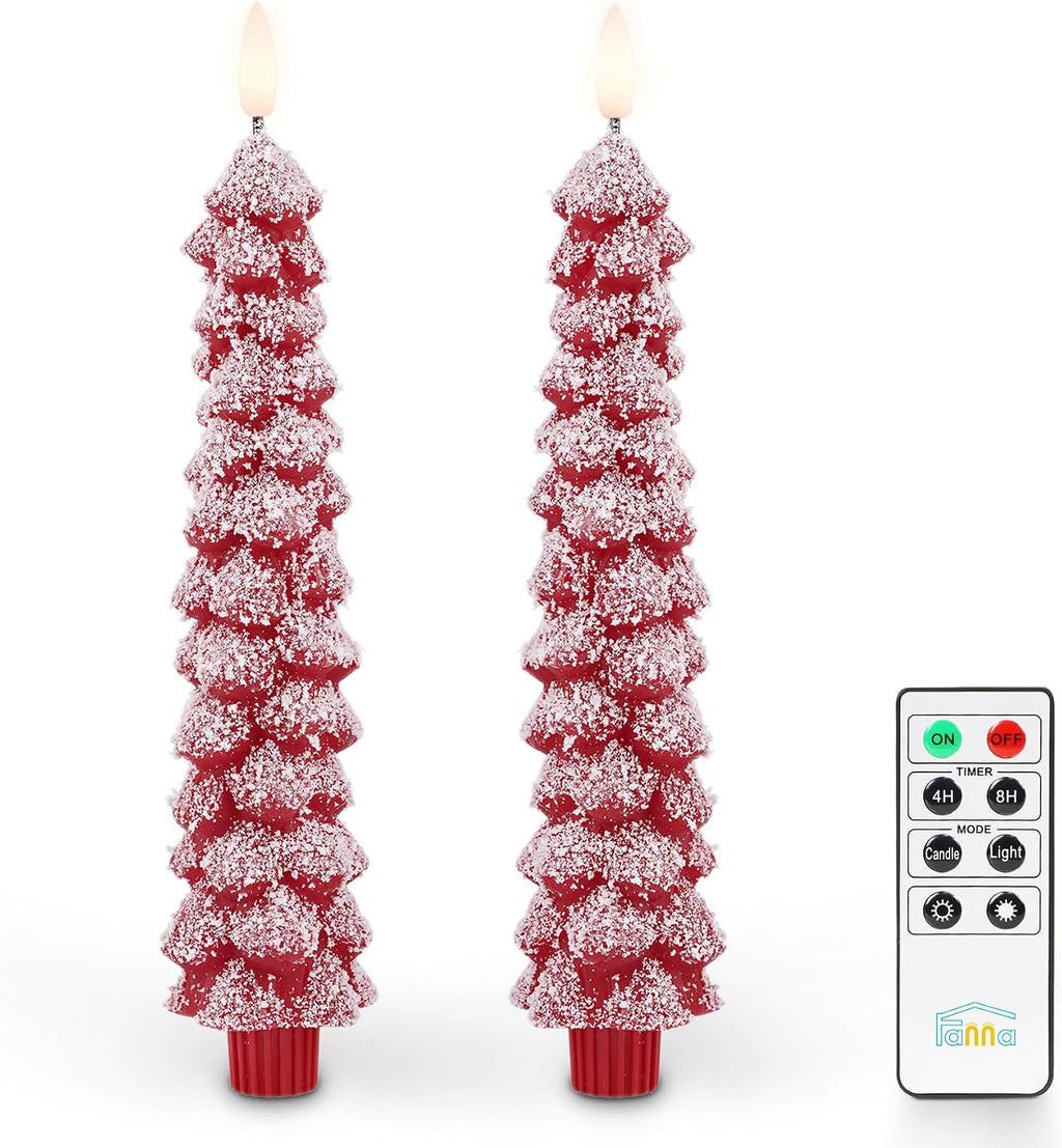 Fanna Red Christmas Tree Candles with Remote Realistic Snow Covered, Flameless LED Taper Candles in Real Wax with Timer for Winter and Christmas - H 9.8" - Set of 2