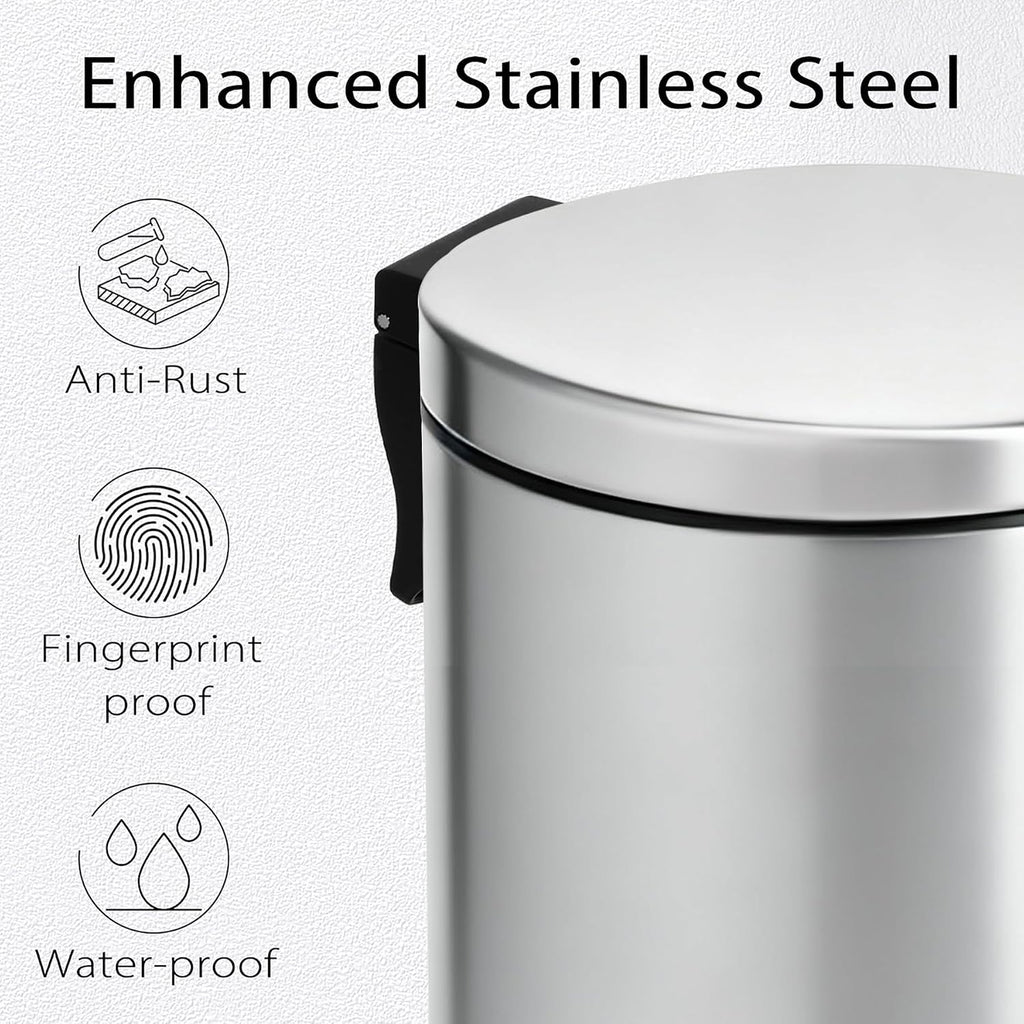 TIPGO Small Bathroom Trash Can with Lid Soft Close, 1.2 Gal, Silver