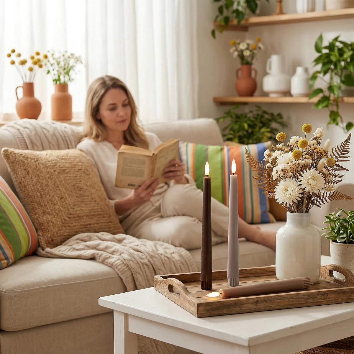 Brown Flameless Taper Candles, Wax LED Candles with Remote Battery Operated