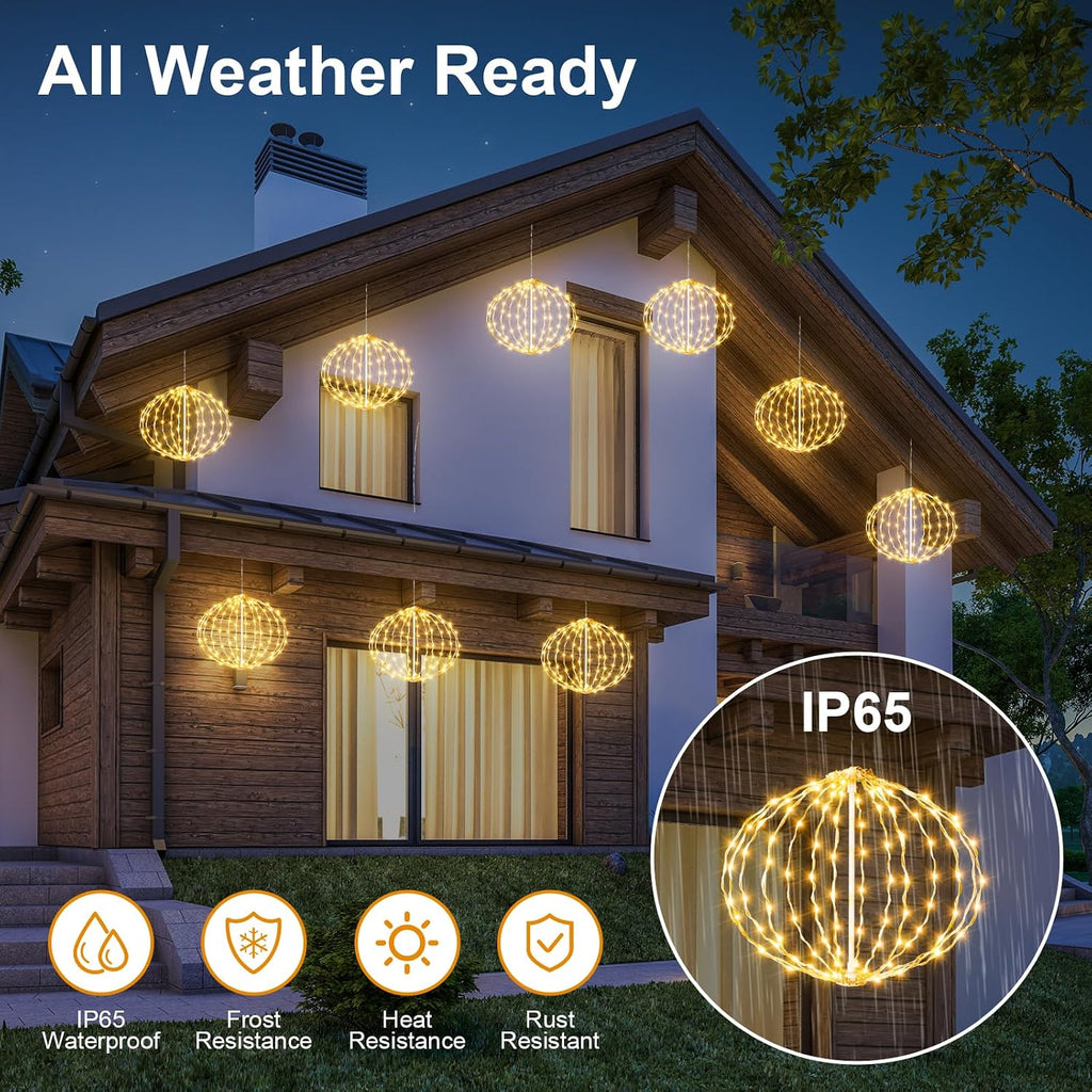 led String Lights Outdoor, 2 Pack, 8in Globe, 162 LEDs Expandable Hanging Ball Lights with 8 Modes, Timer, IP65 Waterproof Connectable for Porch, Yard, Roof Indoor Home Decor Warm White