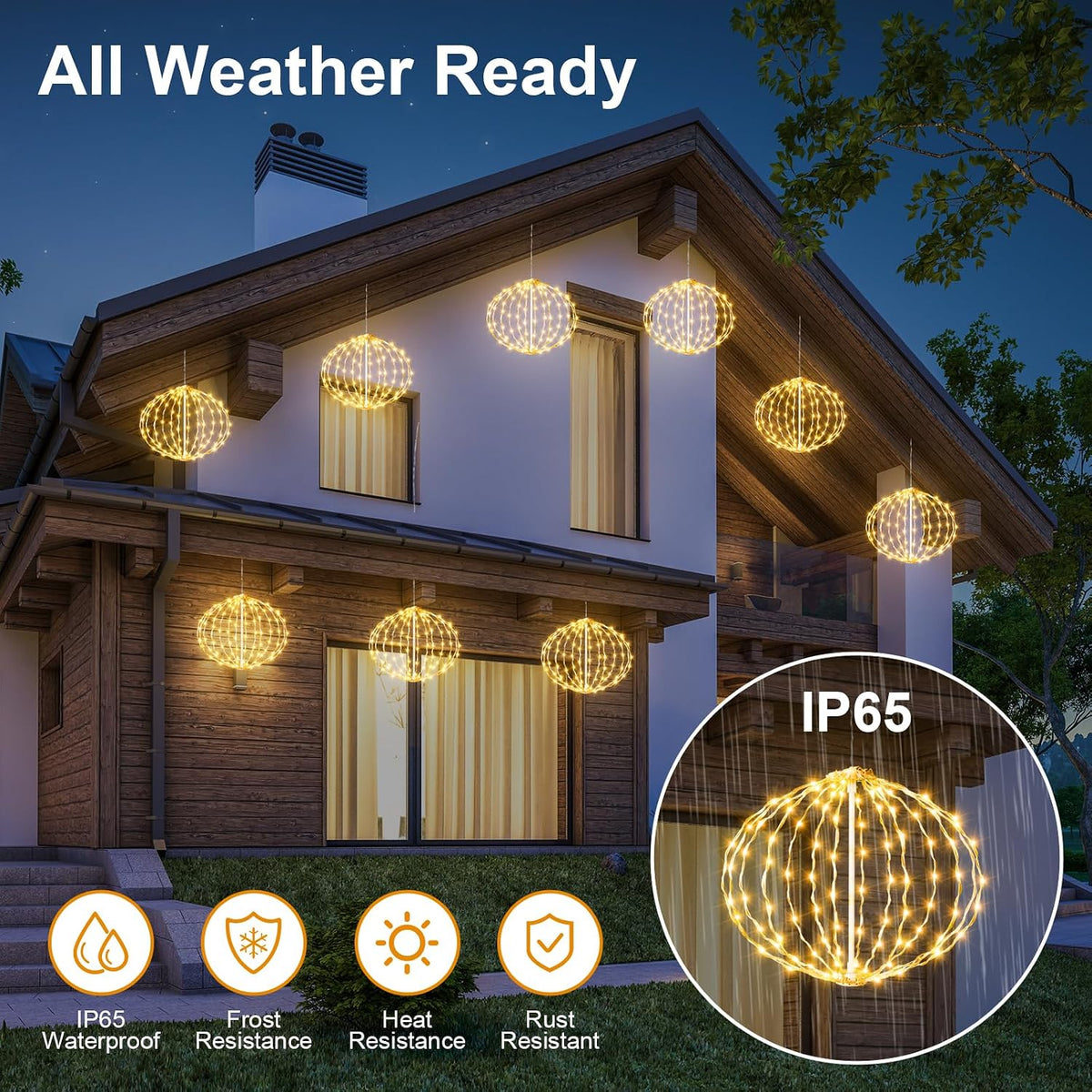 led String Lights Outdoor, 2 Pack, 8in Globe, 162 LEDs Expandable Hanging Ball Lights with 8 Modes, Timer, IP65 Waterproof Connectable for Porch, Yard, Roof Indoor Home Decor Warm White