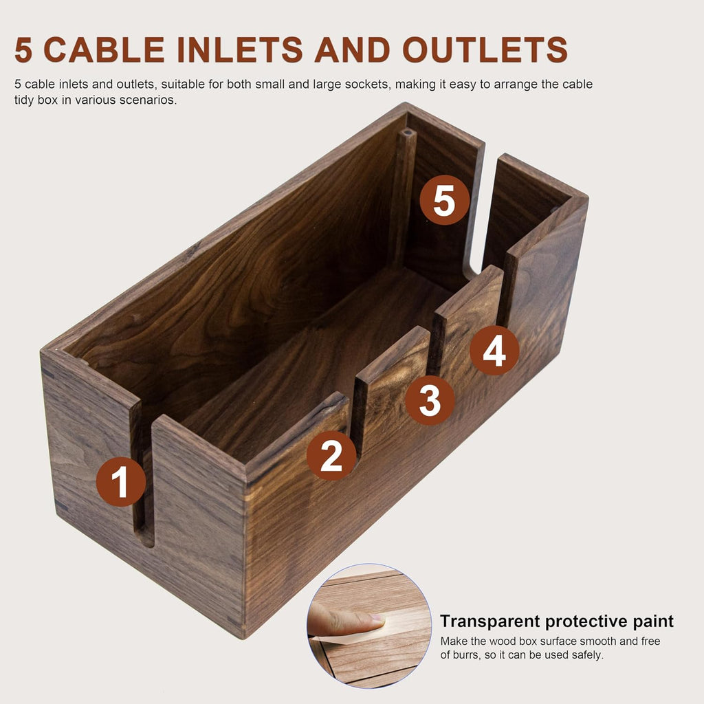 Walnut Wood Cable Management Box for Power Strip, Magnetic Lid