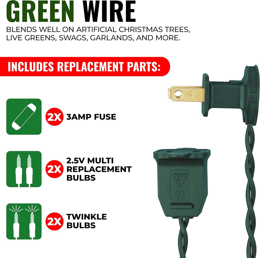 612 Vermont 100 Clear Incandescent Christmas Twinkle Lights on Green Wire