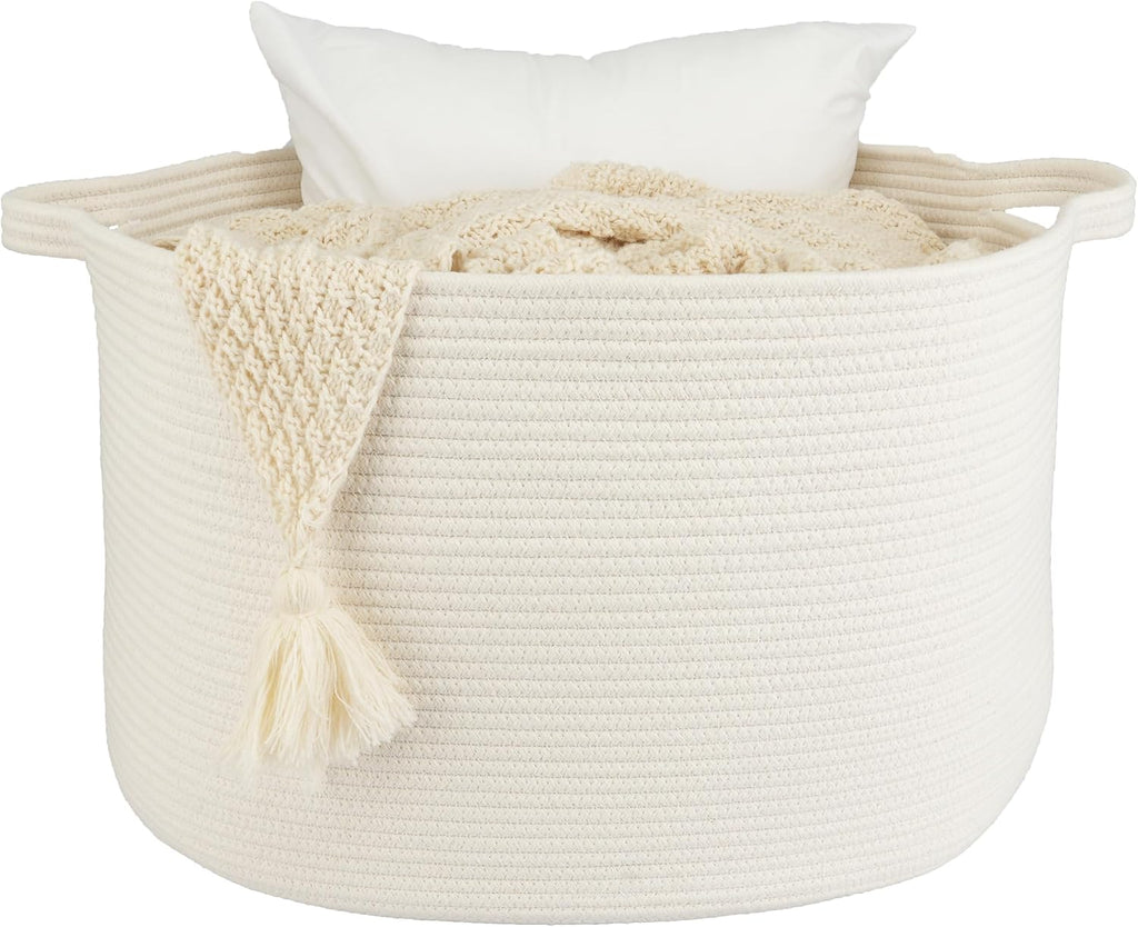 XUANGUO Extra Large Cotton Rope Round Storage Basket 22" x 14" White