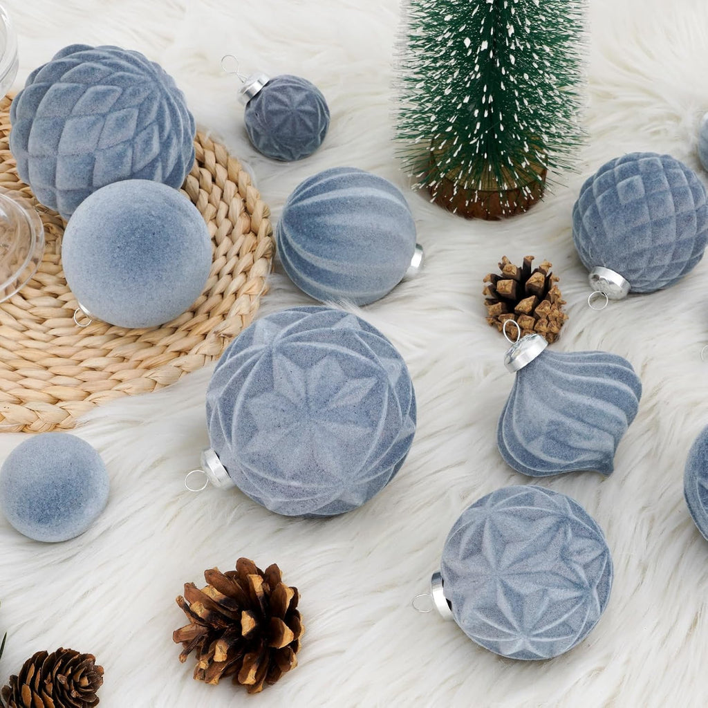 46PCS Velvet Christmas Ball Ornaments Set, Flocked Shatterproof Xmas Tree Decor, Assorted Hanging Ornaments with Loop for Holiday Home Decor, Christmas Tree Decoration (Gray Blue)