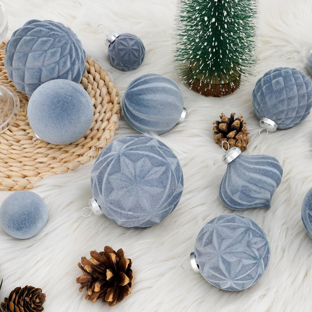 46PCS Velvet Christmas Ball Ornaments Set, Flocked Shatterproof Xmas Tree Decor, Assorted Hanging Ornaments with Loop for Holiday Home Decor, Christmas Tree Decoration (Gray Blue)