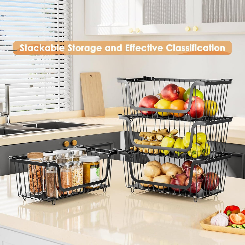 4 Pcs Stackable Wire Baskets for Pantry Organizers and Storage, Black