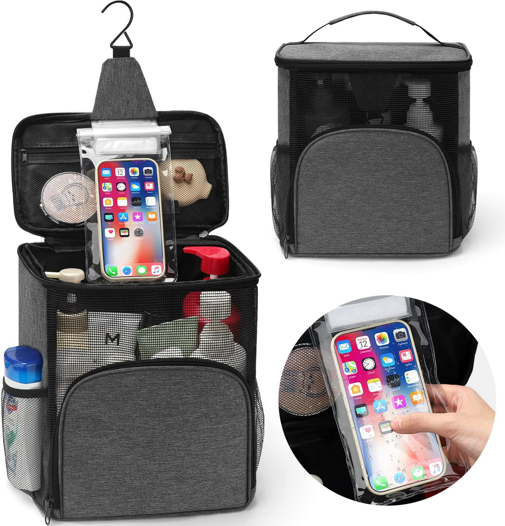 EIMMBD Hanging Shower Bag, Shower Caddy Portable Larger Capacity, Upgraded Toiletry Shower Tote for Gym Travel Camping, College Dorm Room Essentials (A Grey)