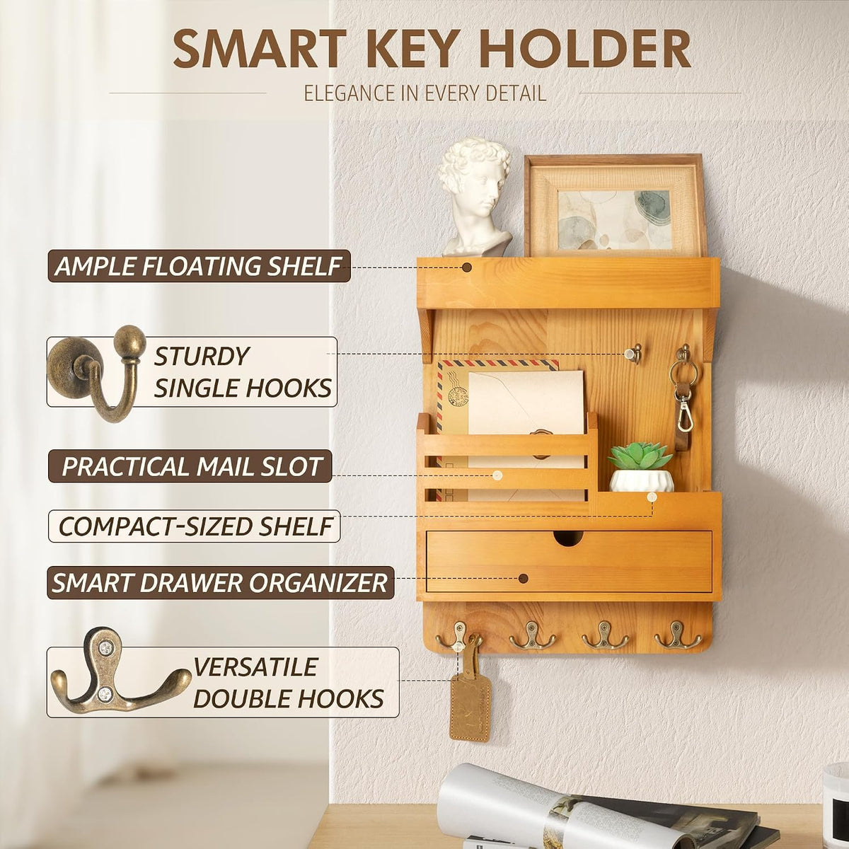 Rebee Vision Key Holder Wall Mount with Drawer for Home Decor, Light Brown