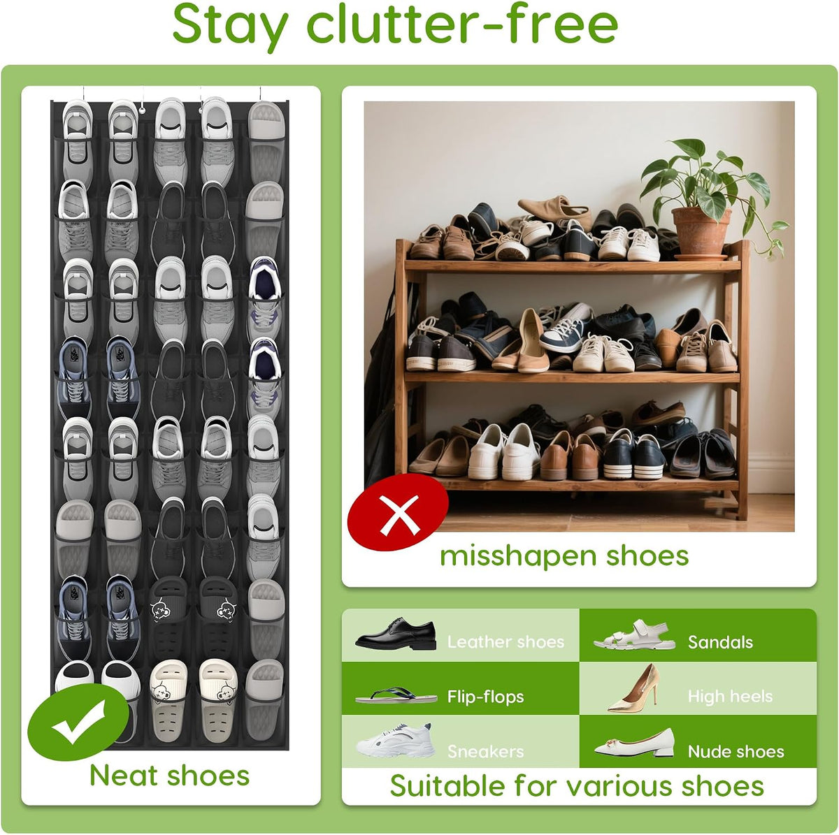 Over the Door Shoe Organizer with 40 Large Breathable Mesh Pockets, Space Saving Shoe Holder, Hanging Shoe Rack for Entryway Bedroom Closet Storage (Black, 40 Pockets)