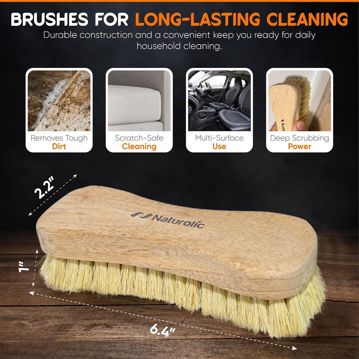 All-Natural Wooden Scrub Brush Set | Eco-Friendly Cleaning Brush Set with Tampico Bristles | Floor Scrub Brush & Shower Scrubber for Bathroom, Tub, Kitchen & Carpet | Sustainable Set – Pack of 2