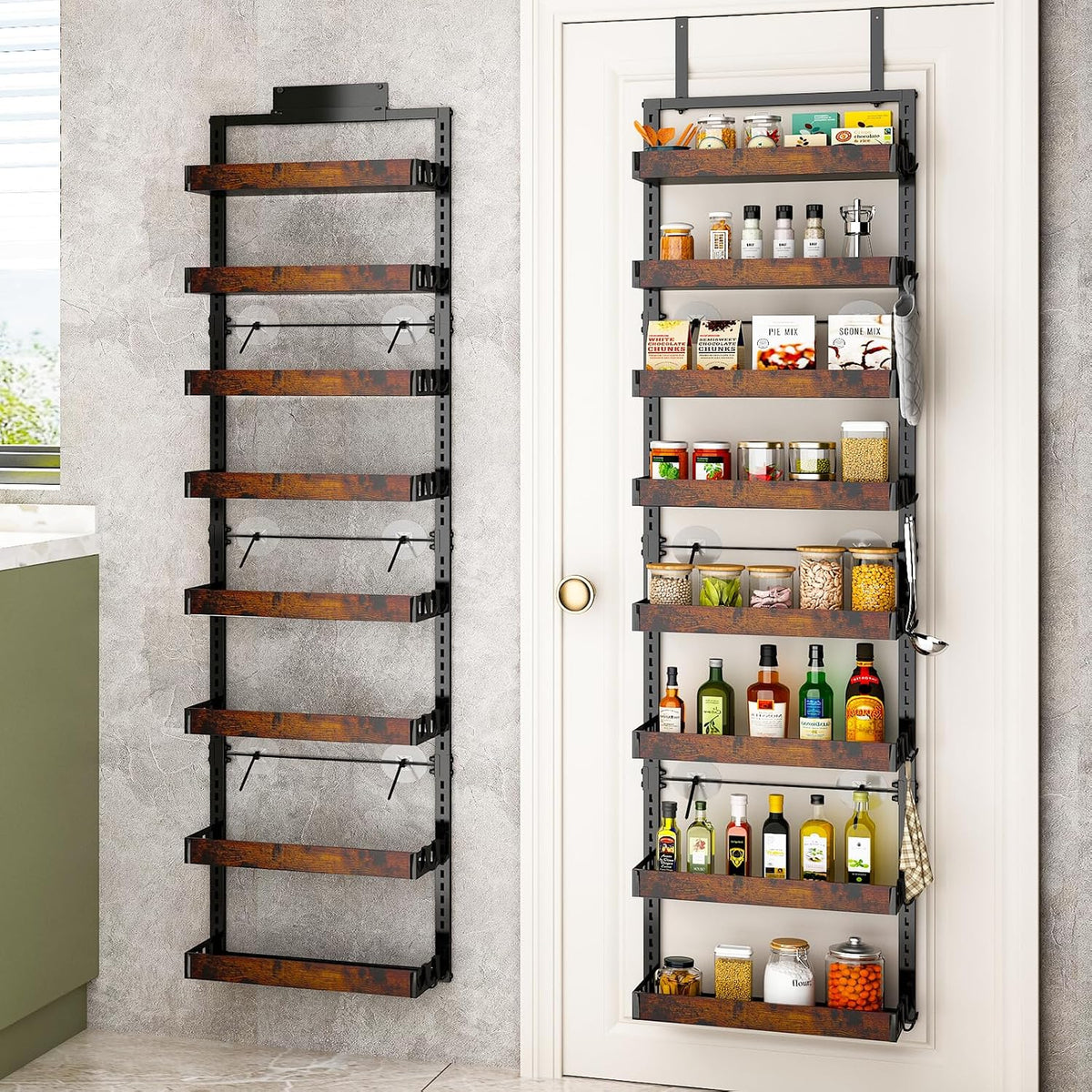 BUKFEN 8-Tier Over the Door Pantry Organizer, Adjustable Wooden Basket