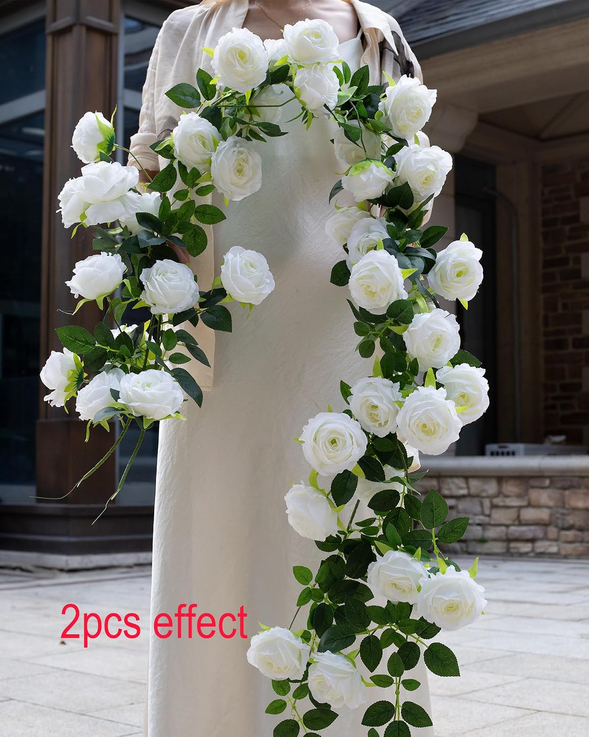 2Pcs 12Ft Bendable Flower Garland Faux Rose Vine for Wedding Decor,White