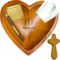 Prayer Bowls for Women Trust In God - Wooden Heart Prayer Bowl with 30 Cards & Wooden Fidget Cross - Birthday Gifts for Christian Women, Godmothers, Mom, Brown Heart Decorative Bowl with Storage Bag
