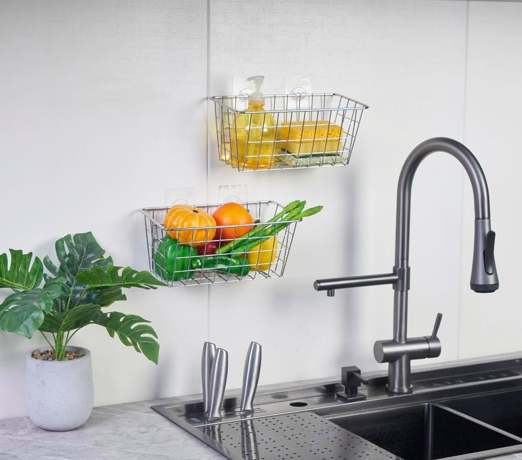 JUNCHU CHERRY 5 Pack Hanging Storage Basket, Bathroom Basket, Household Goods, with Traceless Tape, no Drilling, for Cabinet Storage, Kitchen, Bathroom, Storage Room,Chrome