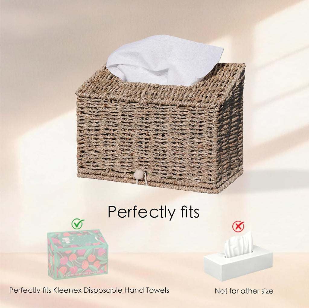 Seagrass Hand Towels Box Cover for Kleenex Disposable Paper Hand Towels, Handwoven Towel Holder, Wicker Tissue Box Cover for Bathroom, Bedroom, Office, Tabletop, Kitchen