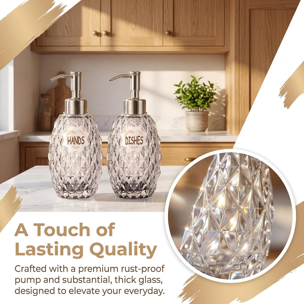 MALACHI Glass Soap Dispenser, 304 Rustproof Stainless Steel Pump, Refillable Multi‑use for Hand Soap, Dish Soap, Body Wash, Shampoo, Baby Wash for Bathroom Kitchen & Commercial