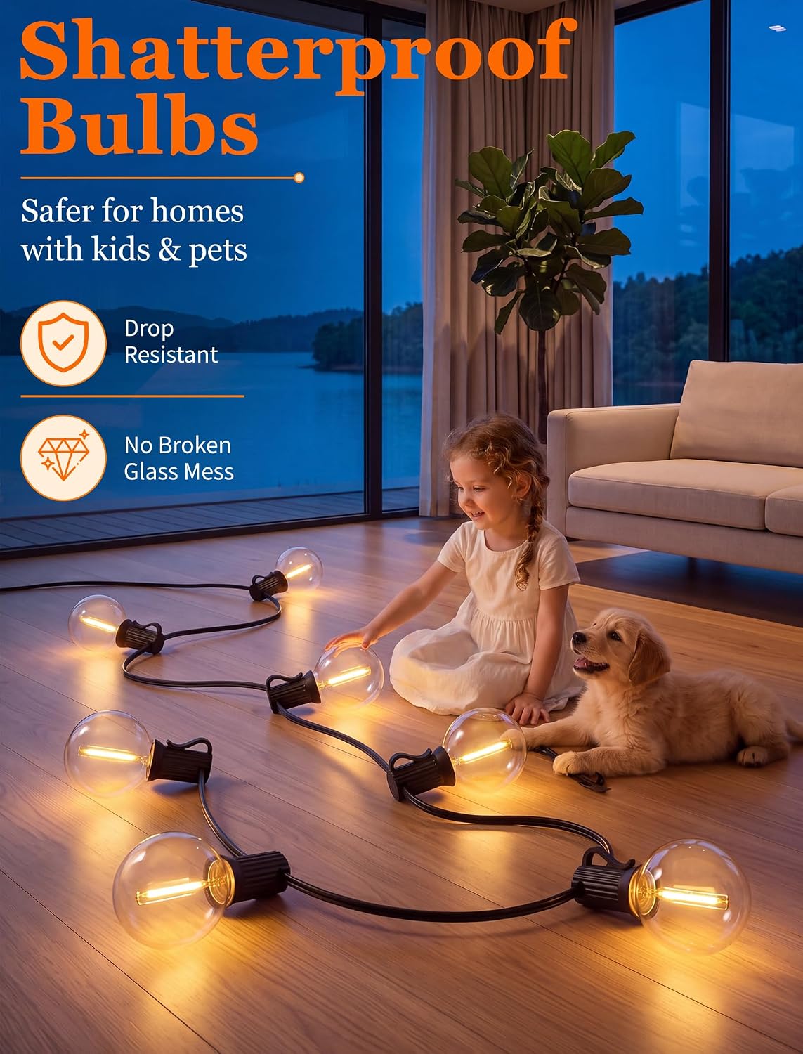 50FT G40 LED Outdoor String Lights, 50+2 Shatterproof Bulbs, Black Wire