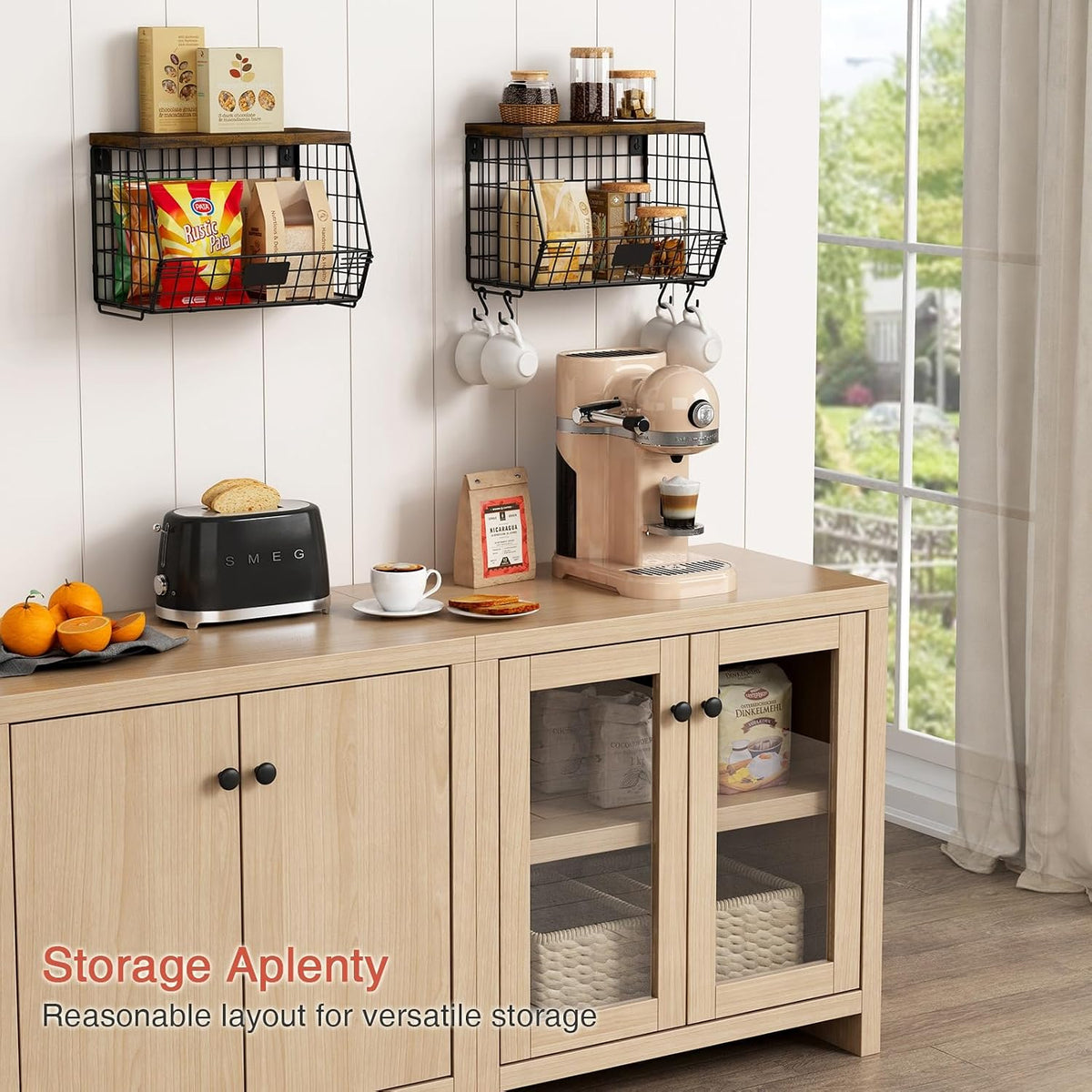 Goozii Hanging Wall Fruit Basket for Kitchen Counter 2 Pack, Stackable Wire Baskets for Organizing with Wood Lid, Potato and Onion Storage Bin with Banana Hook for Vegetable Produce, Black + Rustic