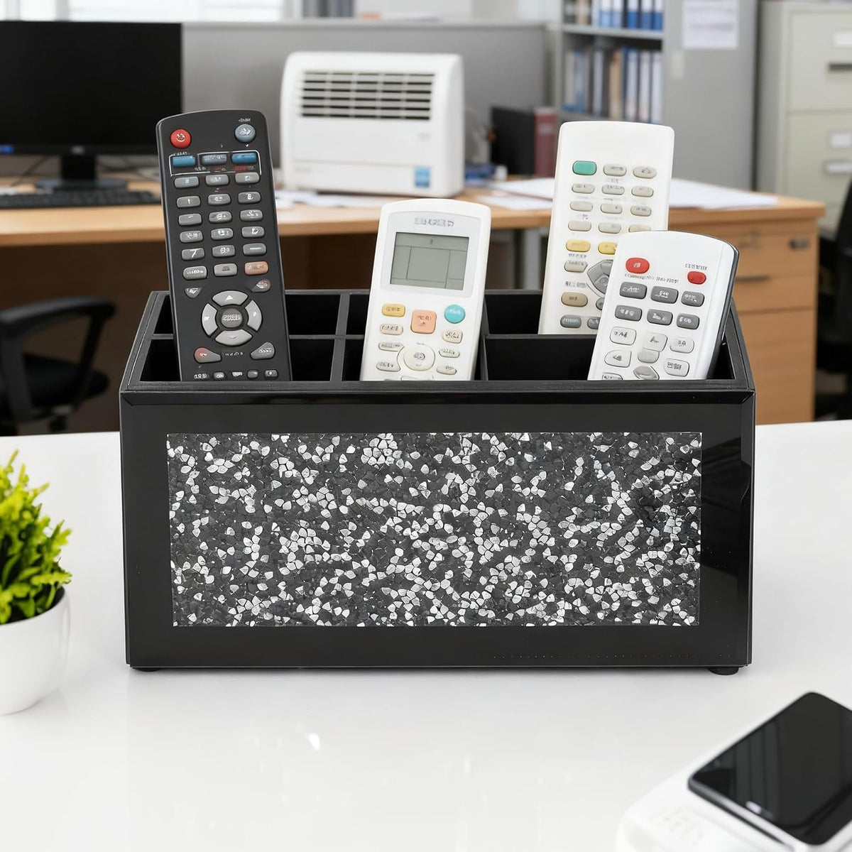 SHYFOY Glass Remote Control Holder with 6 Compartments TV Remote Caddy Storage Box,Desktop Organizer Store Controller,Glasses,Brush,Media Player,Pen,Space Saver for Bedside Table/Office Desk(Black)