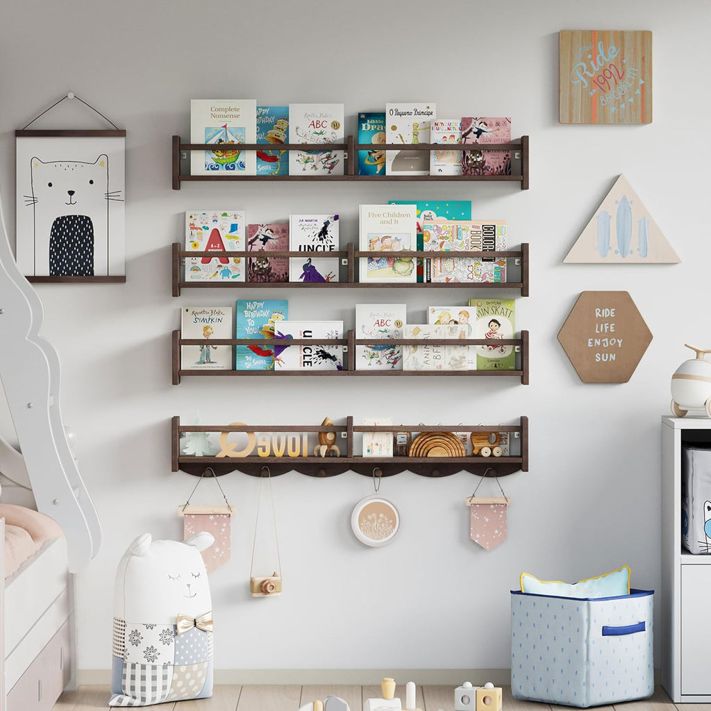 34Inch Nursery Bookshelves,Set of 4,Wall Floating Shelf Kids Coat Rack with 6Hooks,Hanging Book Shelf for Baby Nursery Room Décor (Dark Brown, 34)