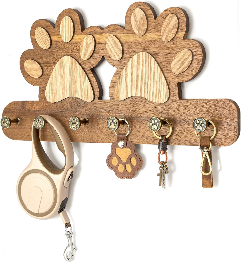 MTERSN Acacia Wood Cute Dog Leash Holder for Wall for Pet Organizer, Brown