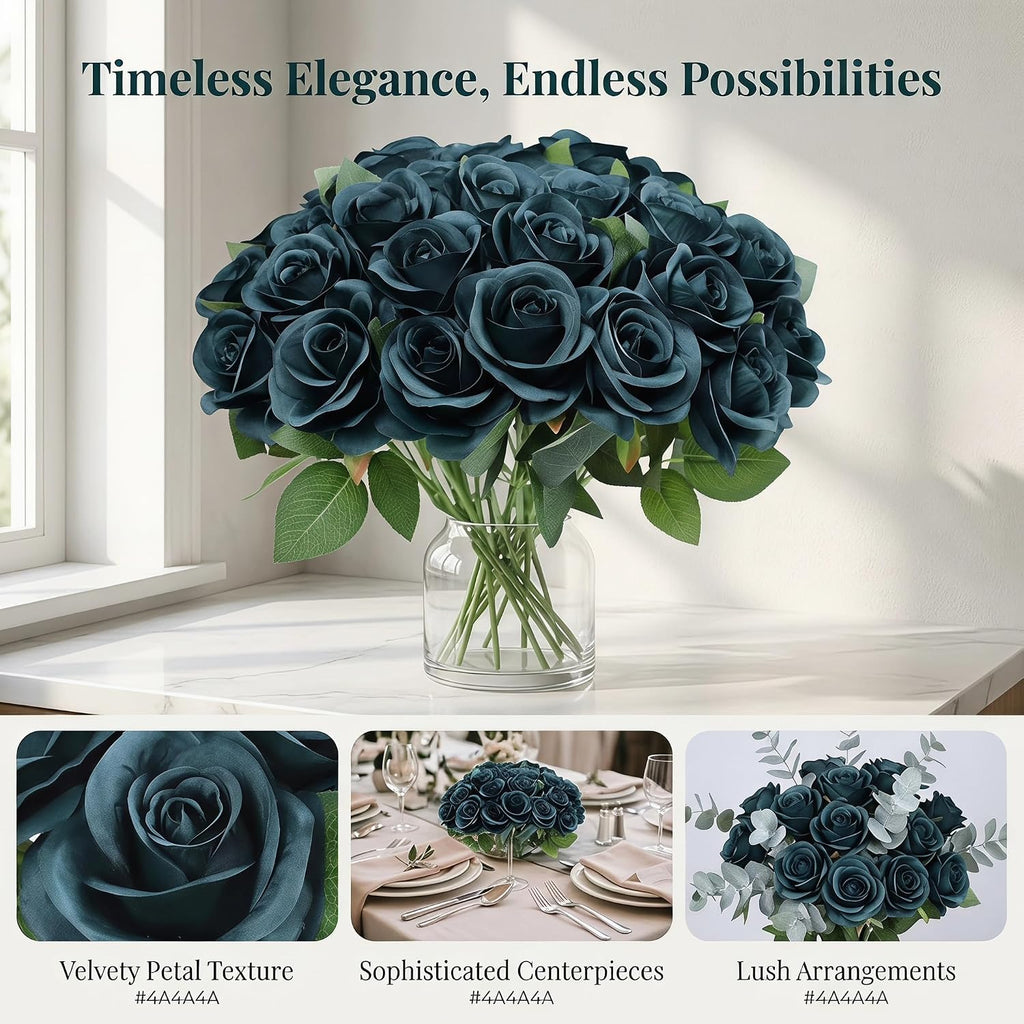 52pcs Emerald Green Roses Artificial Flowers Fake Flowers Silk Roses with Stems for DIY Wedding Bouquets Bridal Shower Centerpieces Arrangements Party Decorations