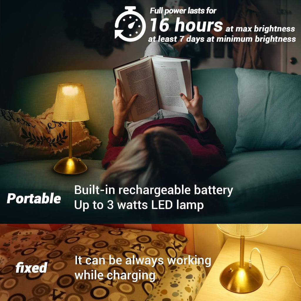 Cordless Rechargeable Metal Table Lamp, Cube Shade, Gold