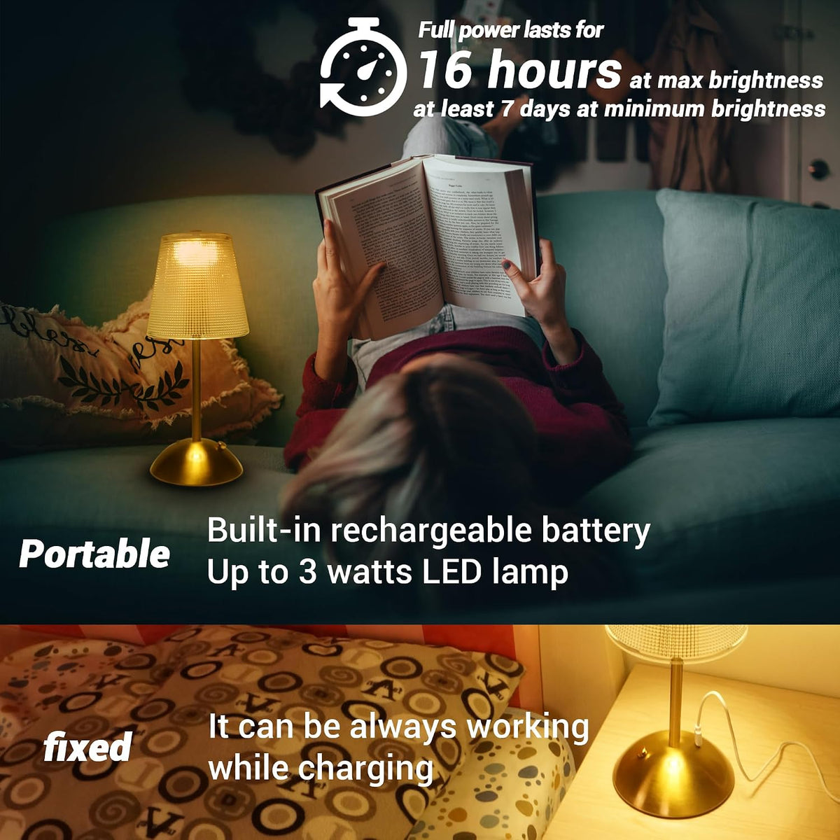 Cordless Rechargeable Metal Table Lamp, Cube Shade, Gold