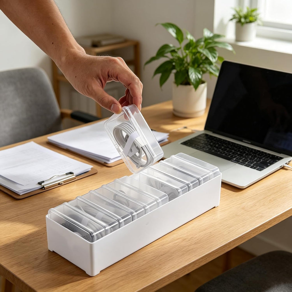 11 Compartment Cable Organizer Box – Clear, with Switch Access, Cable Straps & Labels – Cord Management Storage for Charging, USB, Power Cords, Earphones & Stationery – for Desk, Home, Office & Travel