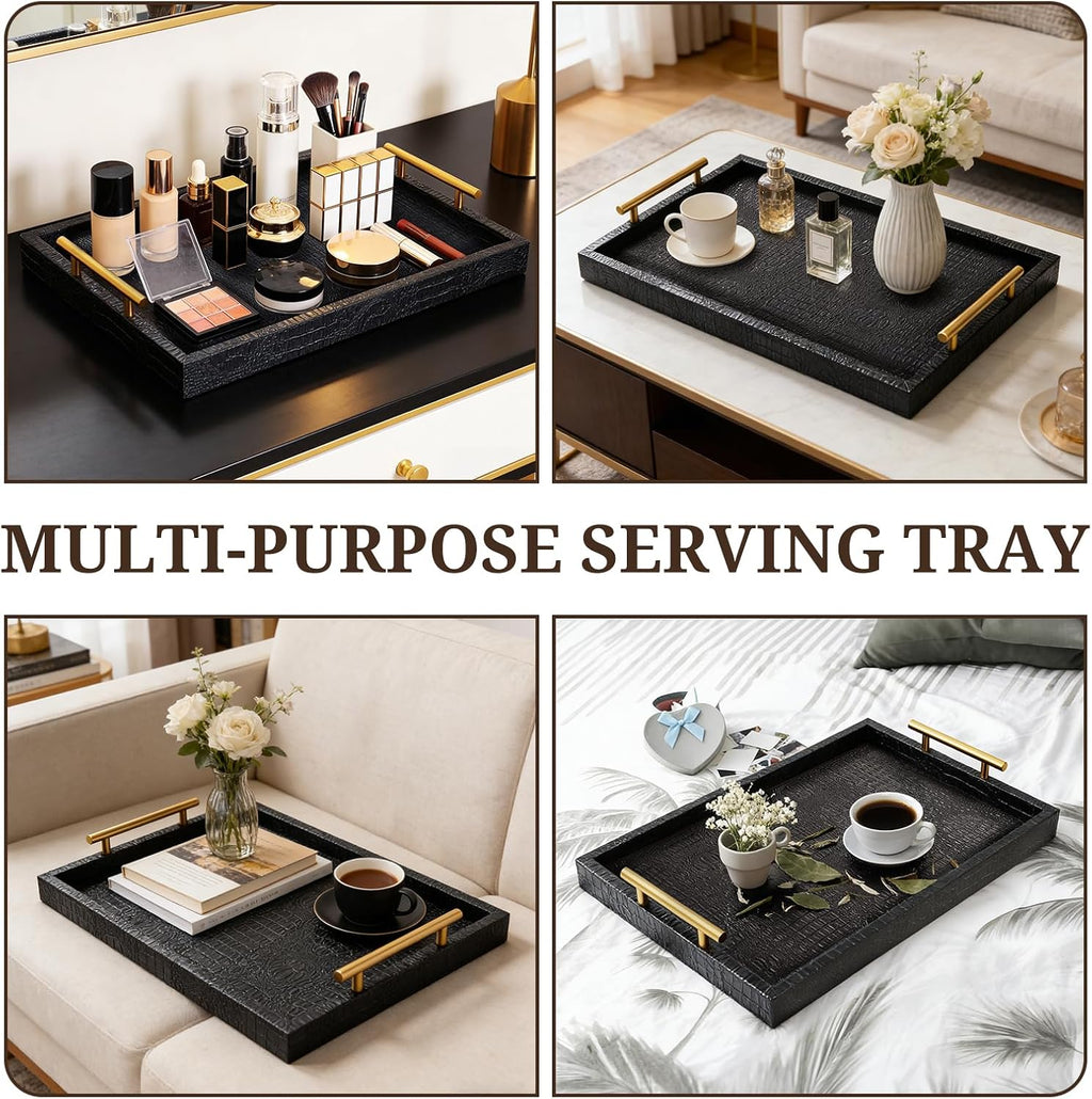 SXNOWS Faux Leather Serving Tray with Gold Handles, Black