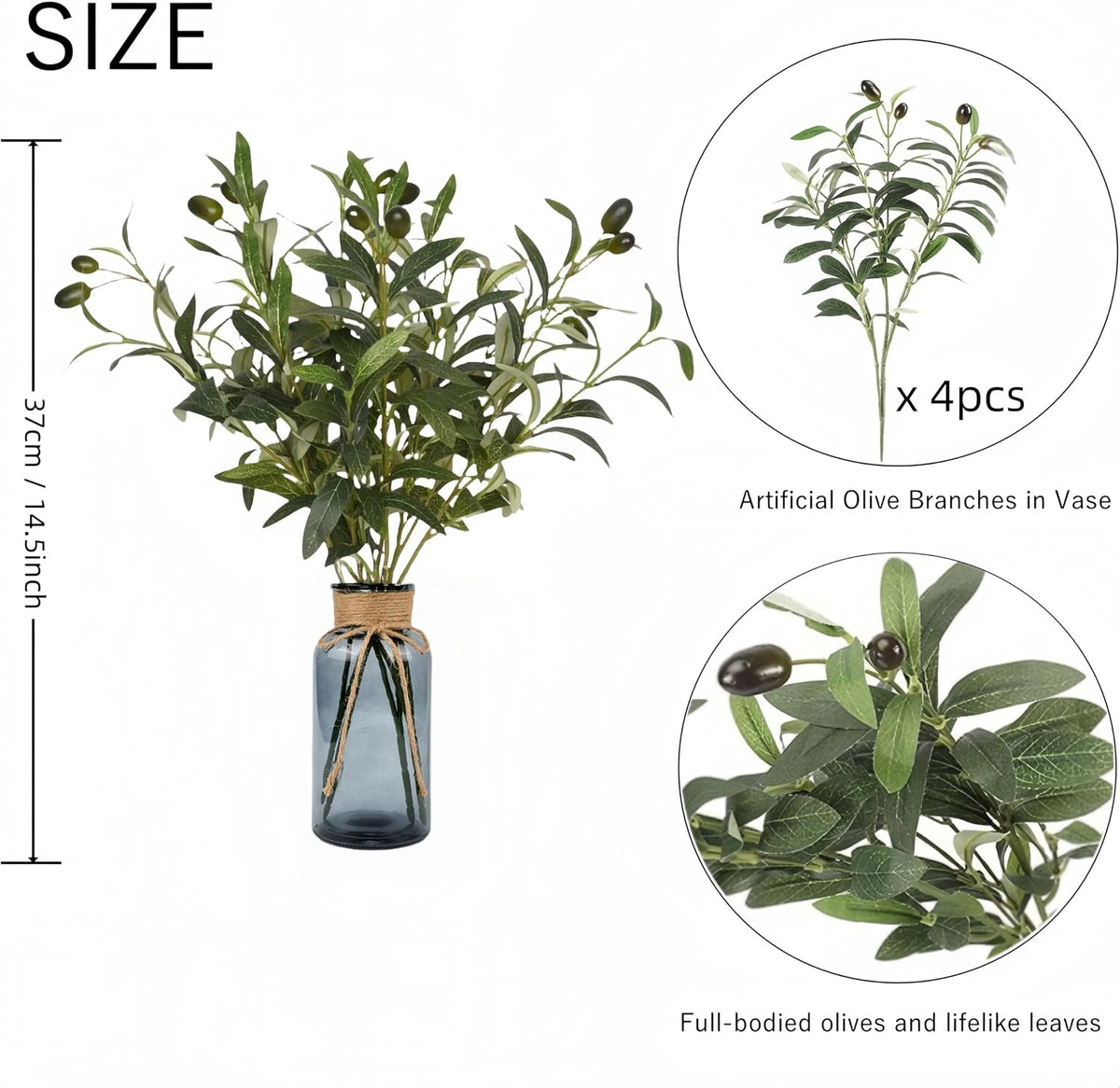 Artificial Plants Olive Branch in Glass Vase, 14.5” Fake Plant Greenery Stems with Olive Branches Faux Eucalyptus Stems for Home Office Farmhouse Wedding Table Centerpiece Décor, Gray Vase