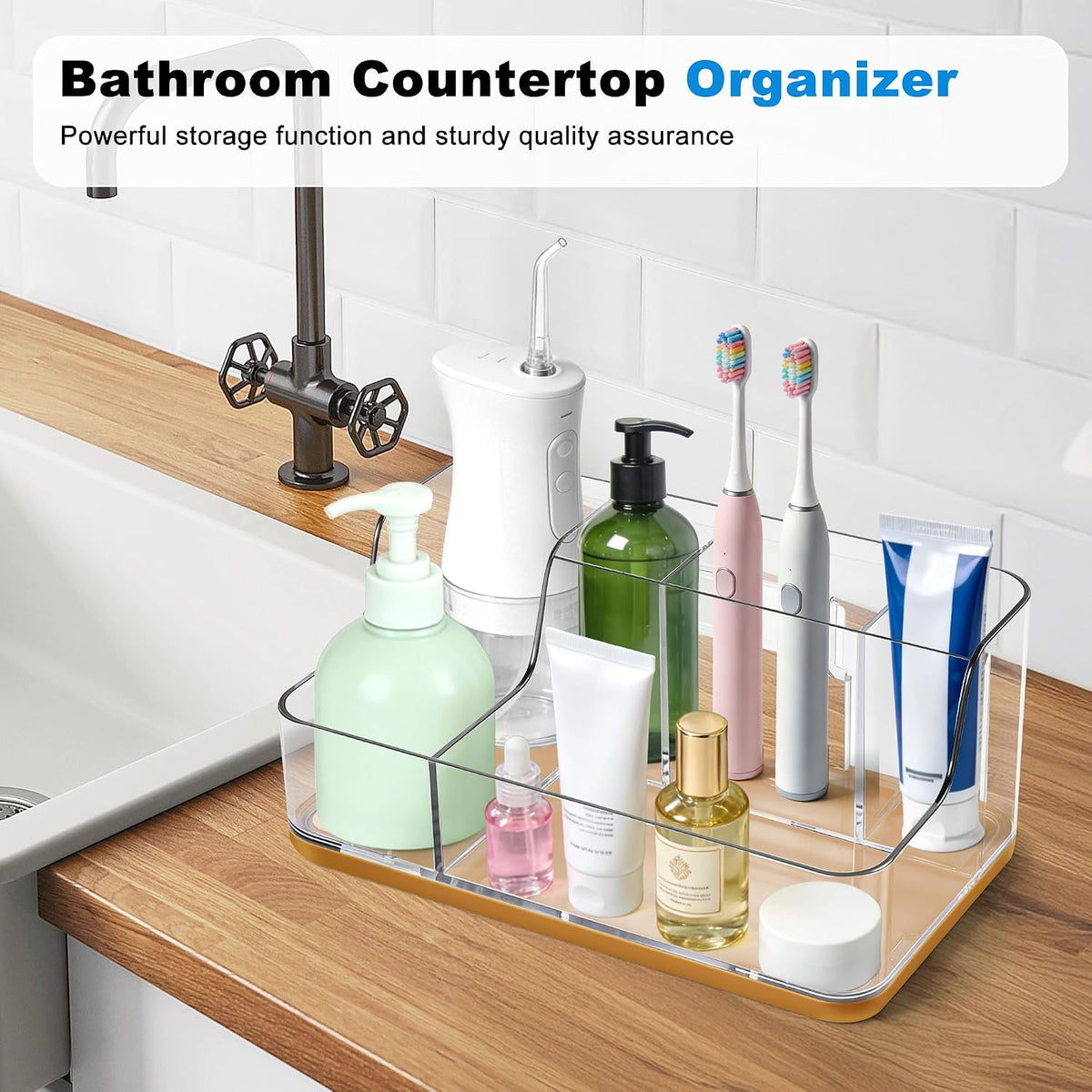 Gold Vanity Bathroom Countertop Storage Rack Lipstick & Makeup Brush Organizer Skincare Storage Box for Vanity Ideal for Bathroom, Living Room, and Kitchen Organization