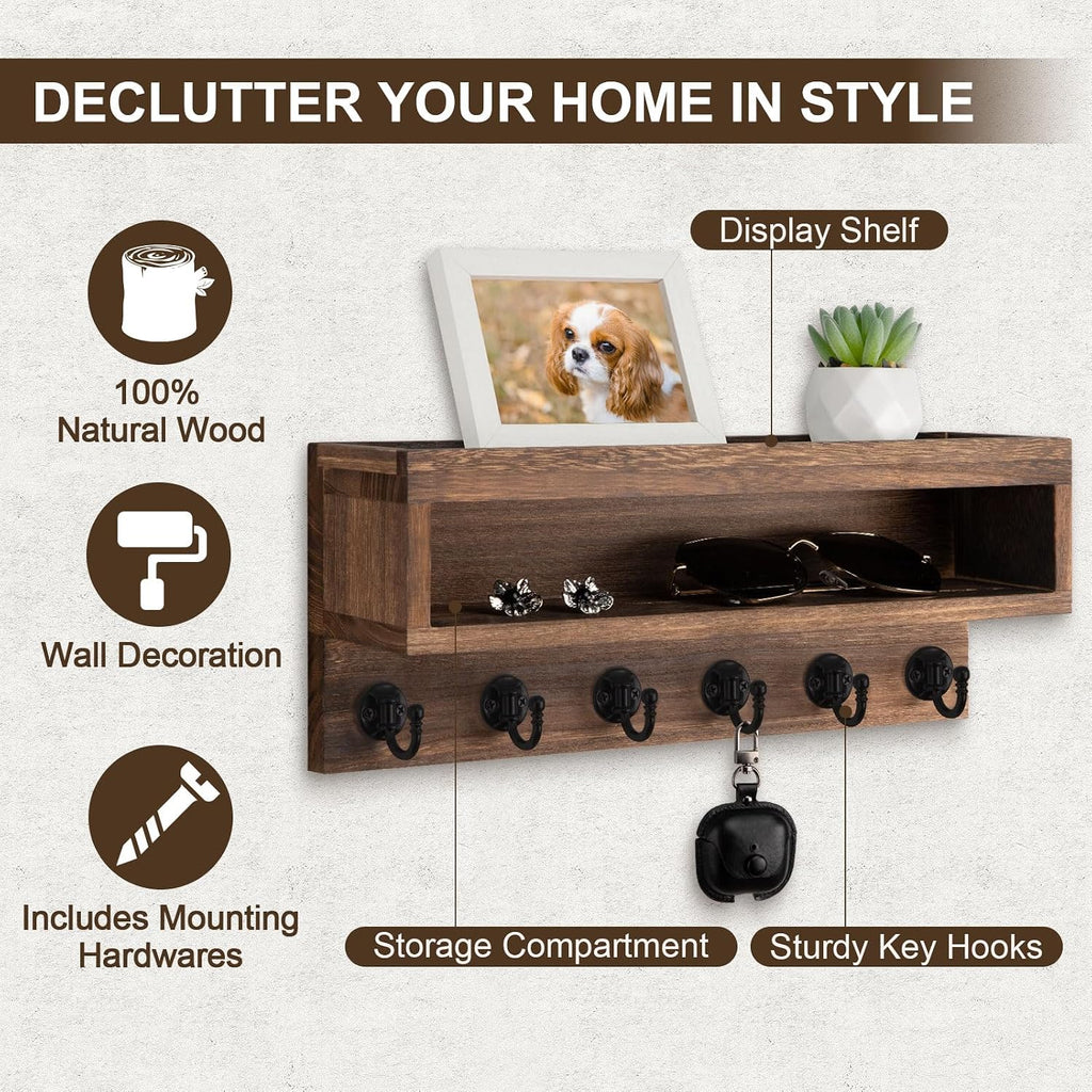 Key and Mail Holder Wall Mount with Long Storage Box and 6 Hooks