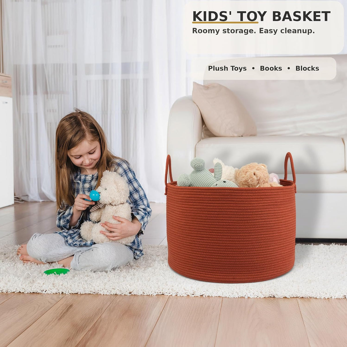 XUANGUO 66L Large Blanket Basket, Round Cotton Rope Basket, Rustic