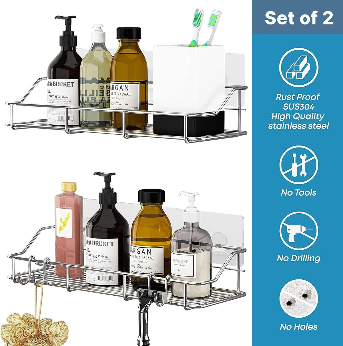 KESOL Adhesive Shower Caddy, Shower Shelf Organizer, SUS304, 2 Pack, Silver
