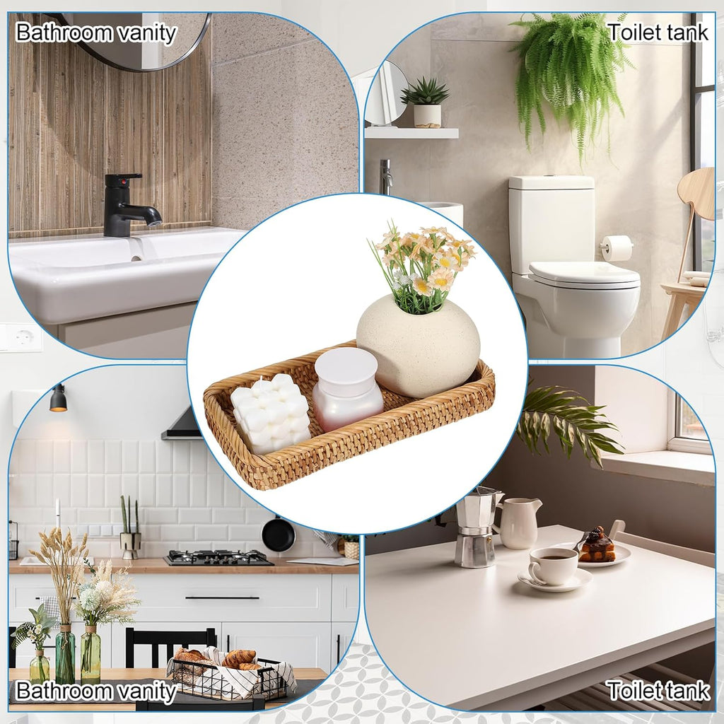 COMNICO Rattan Bathroom Vanity Tray, 10 Inch Natural Water Hyacinth Toilet Tank Baskets Decorative Wicker Vintage Storage Basket Topper Bins for Bathroom Kitchen Countertop Table