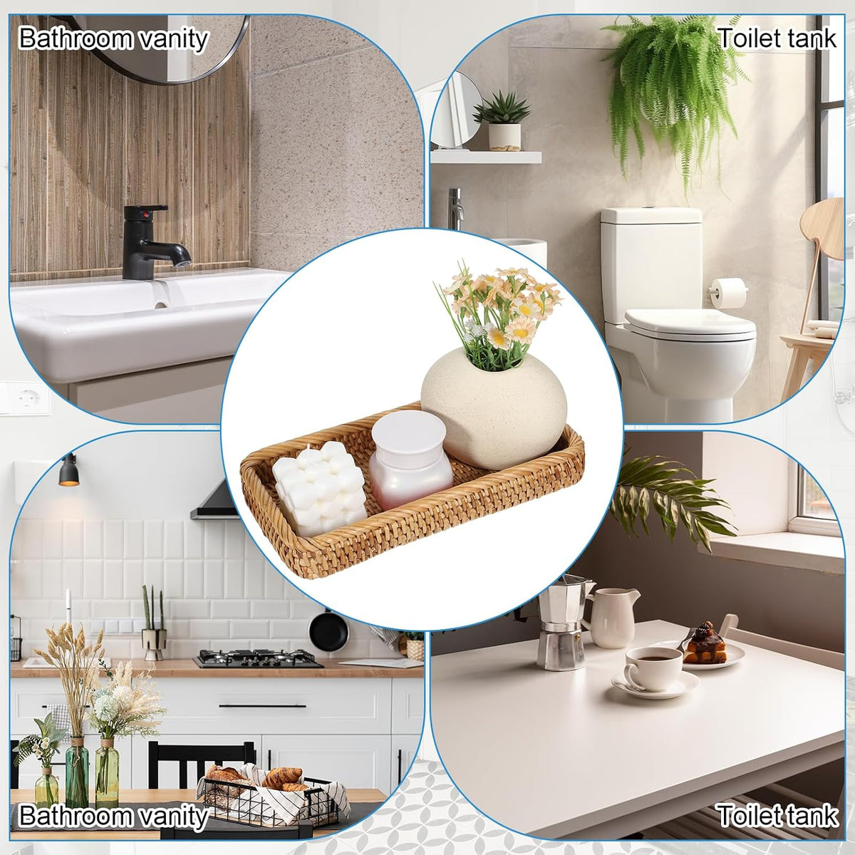 COMNICO Rattan Bathroom Vanity Tray, 10 Inch Natural Water Hyacinth Toilet Tank Baskets Decorative Wicker Vintage Storage Basket Topper Bins for Bathroom Kitchen Countertop Table