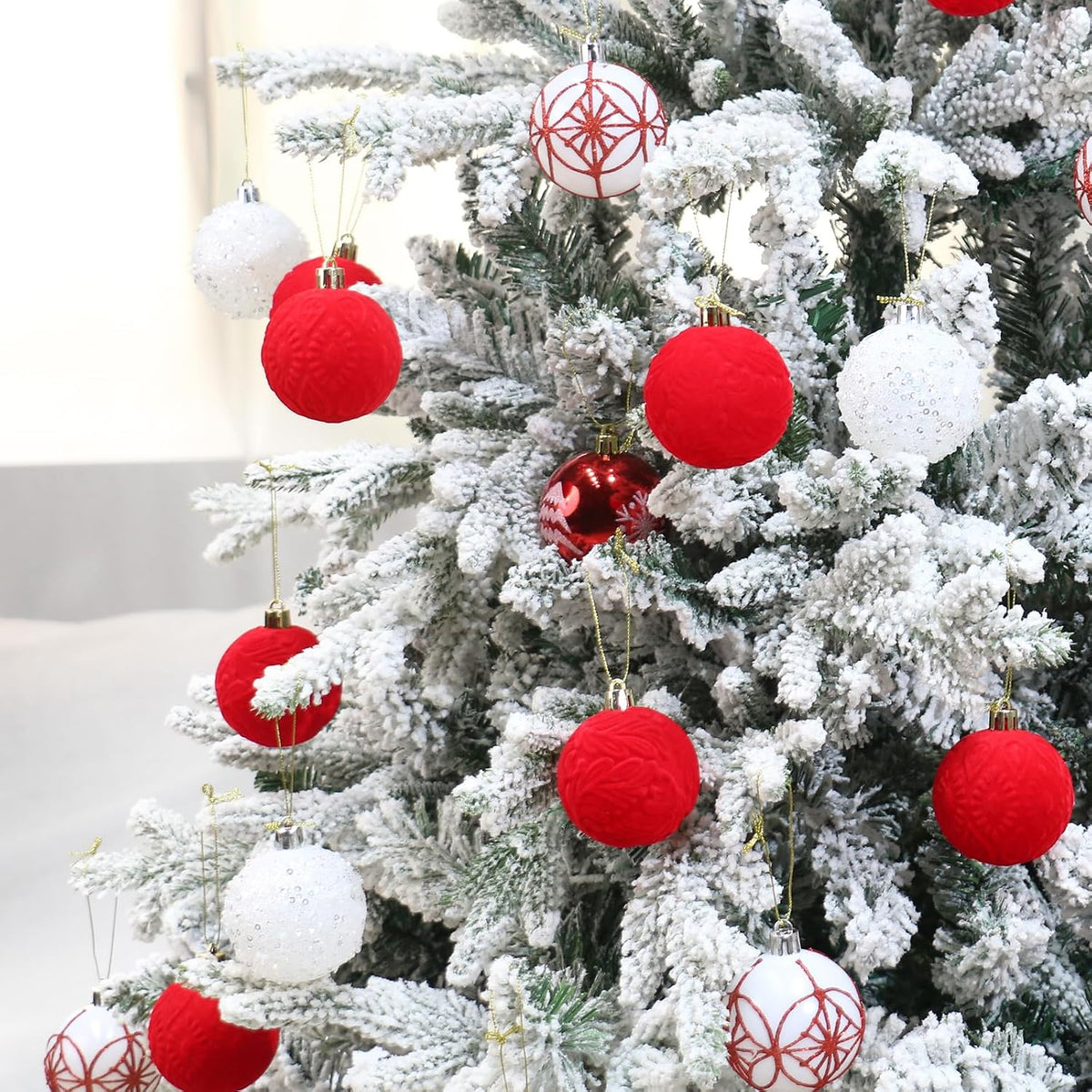 25PCS 2.36In Velvet Red/White Christmas Ball Tree Ornaments Decorations Set