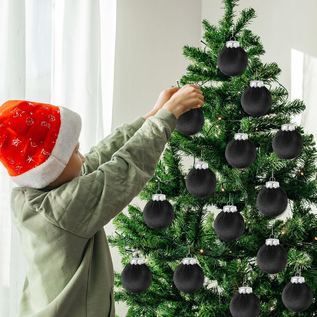 Velvet Christmas Balls Set 30pcs Black Velvet Christmas Tree Ornaments Shatterproof Xmas Hanging Balls Decorative Hanging for Xmas Holiday Family Home Store Indoor Decor 2.4inch