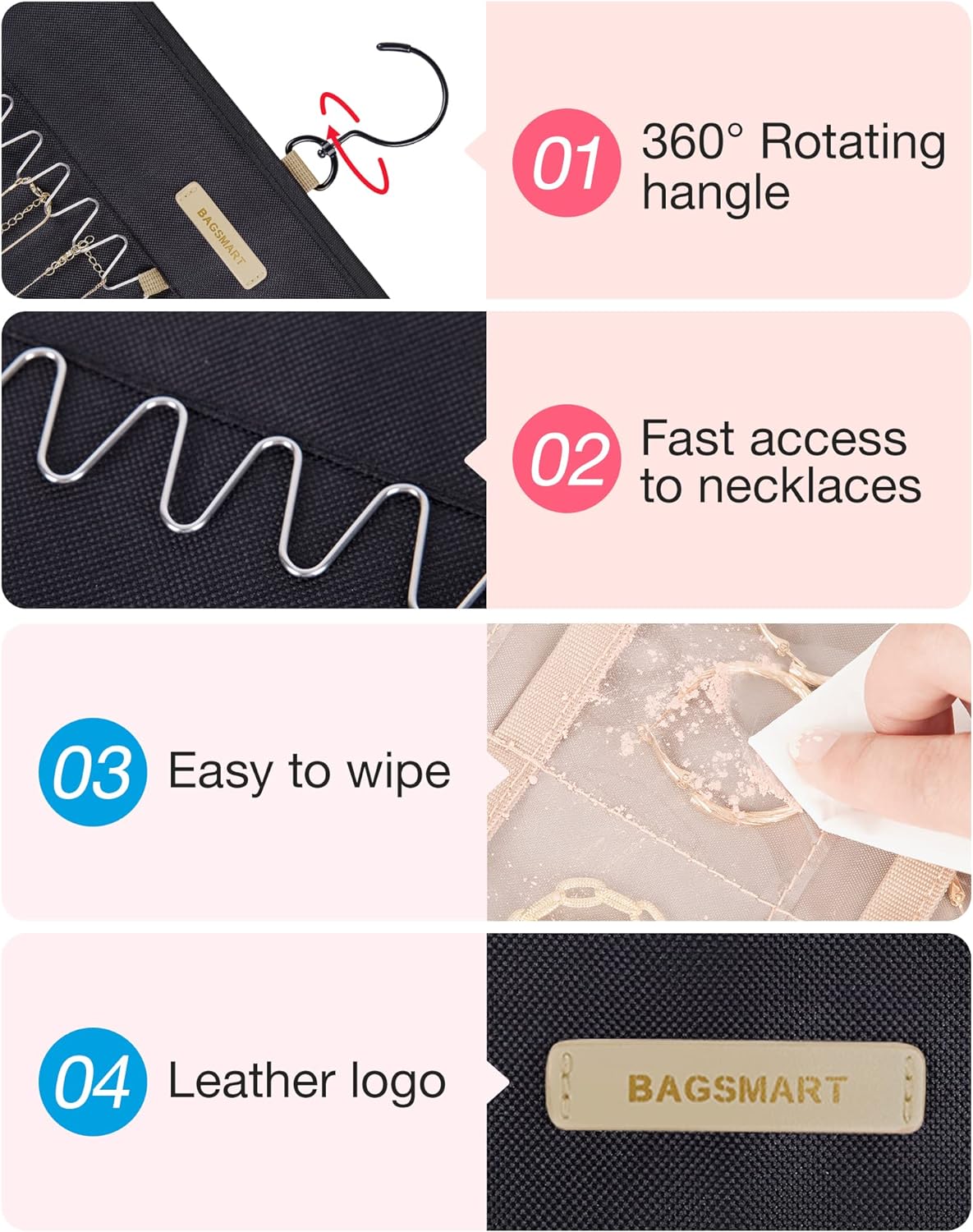 BAGSMART Hanging Jewelry Organizer Necklace/Earring/Ring 2-Sided XL Black