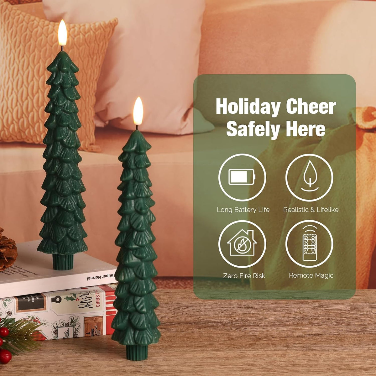 Eywamage Green Christmas Tree Flameless Taper Candles with Remote Set of 2