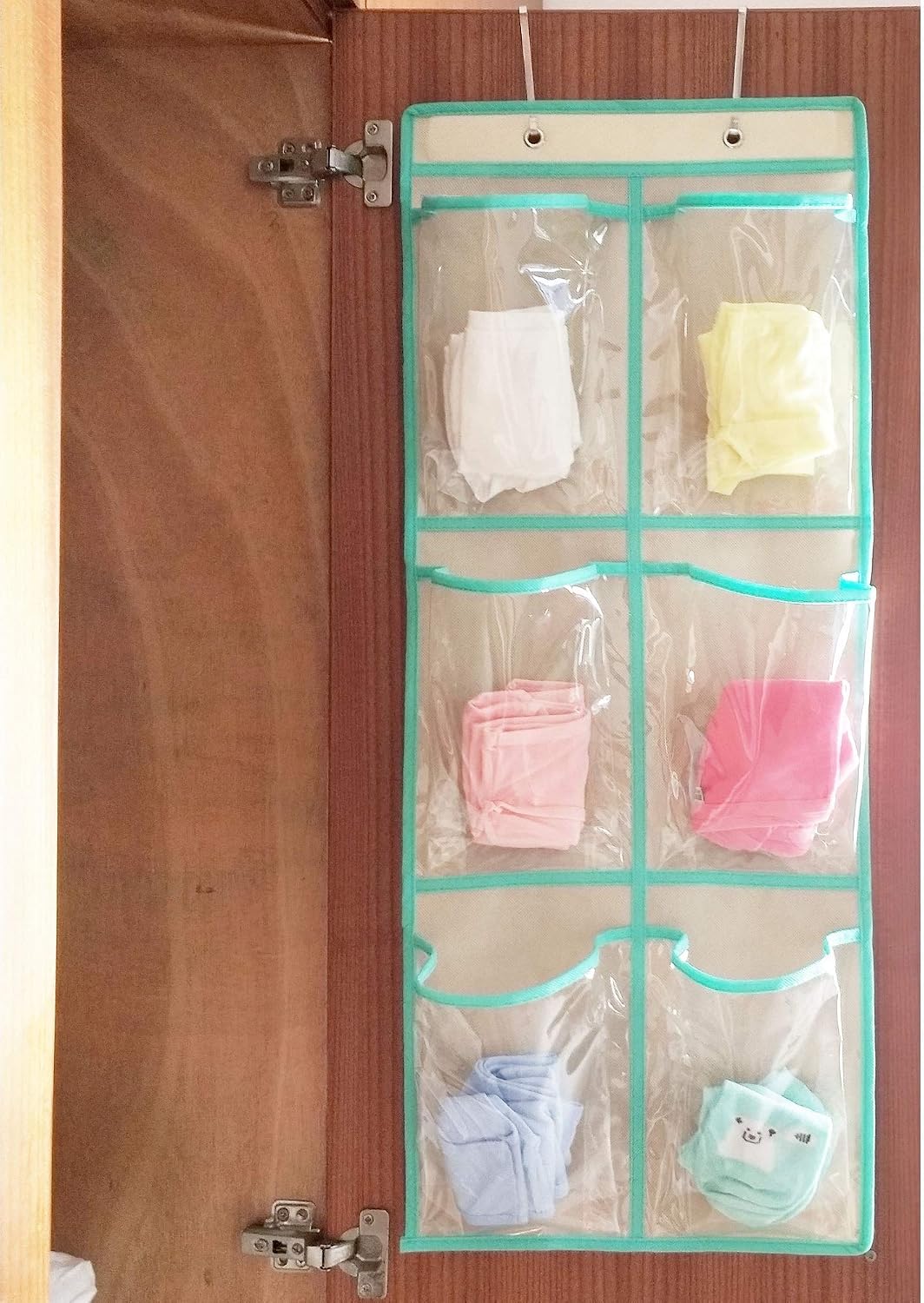 Over The Door Hanging Shoe Organizer Narrow Closet Door Shoe Storage 6 Large Clear Pockets Chart 2 Pack (BEIGE)