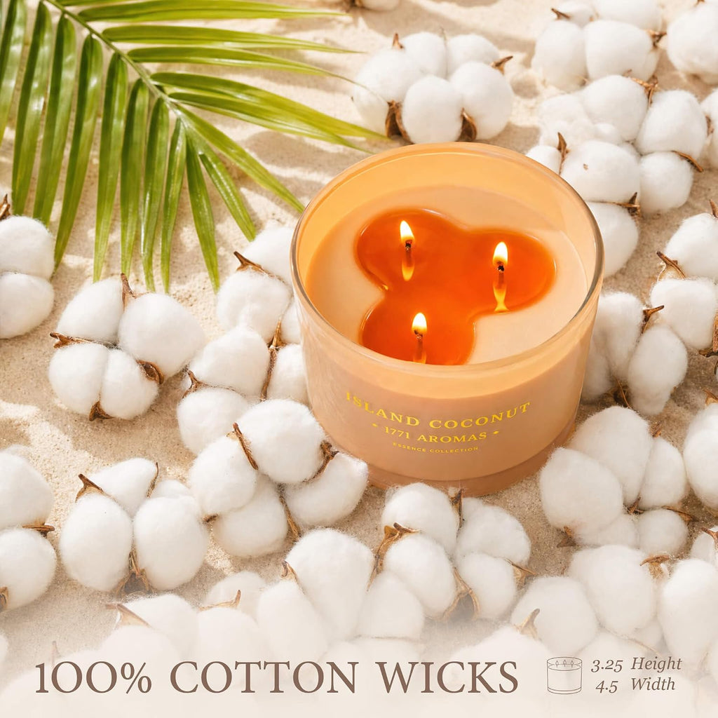 Island Coconut Scented Candle - 100% Natural Soy Wax - Large 3 Wick Jar - Up to 40 Hours Burning Time - Aromatherapy Coconut Candles for Home - Gift-Ready Box for Women and Men