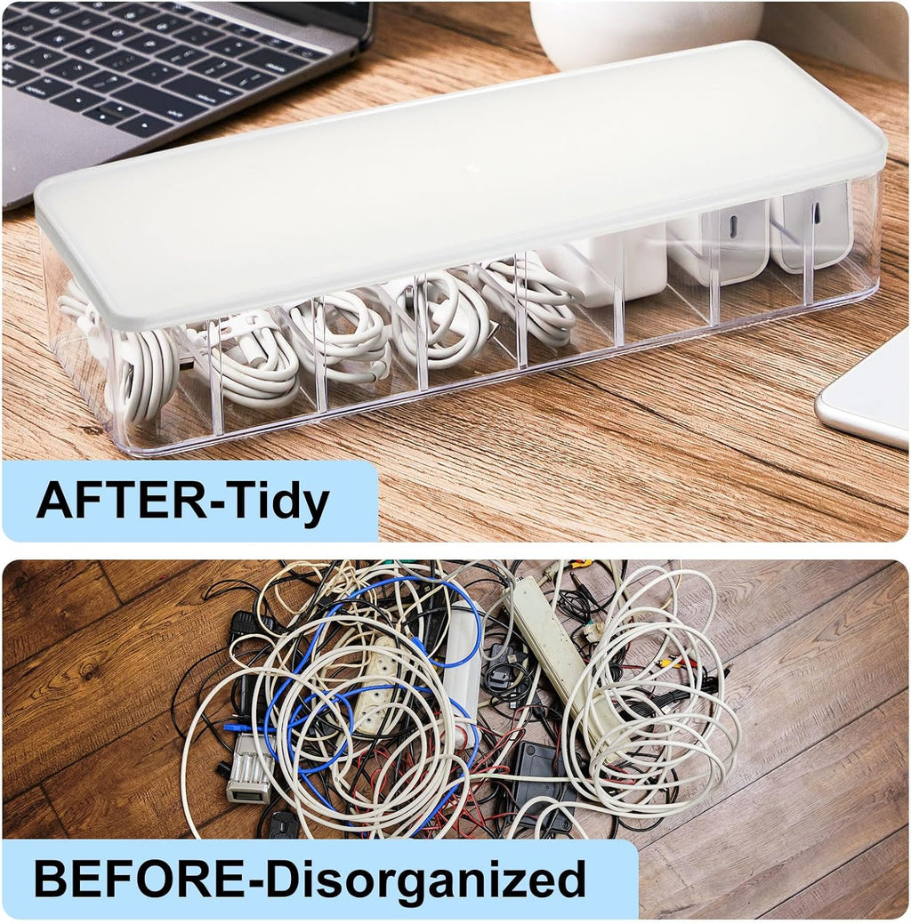 Tatuo Cord Organizer Box with Lid, Clear, White, 2 Pack