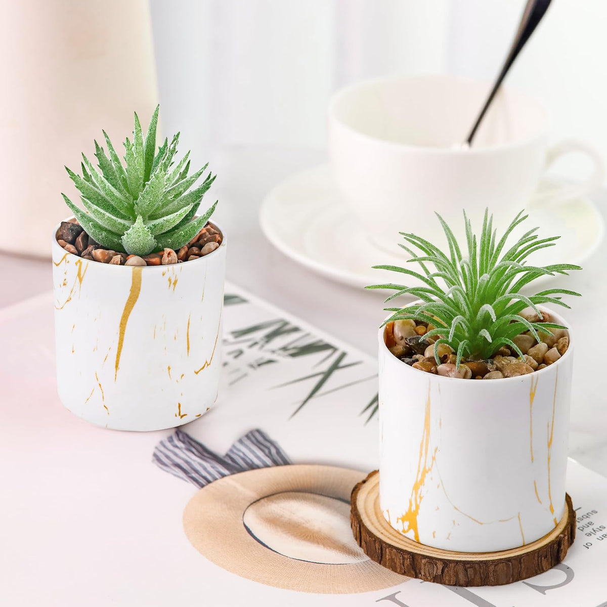 Der Rose 4 Pack Mini Fake Succulents in Pots for Office Desk Accessories