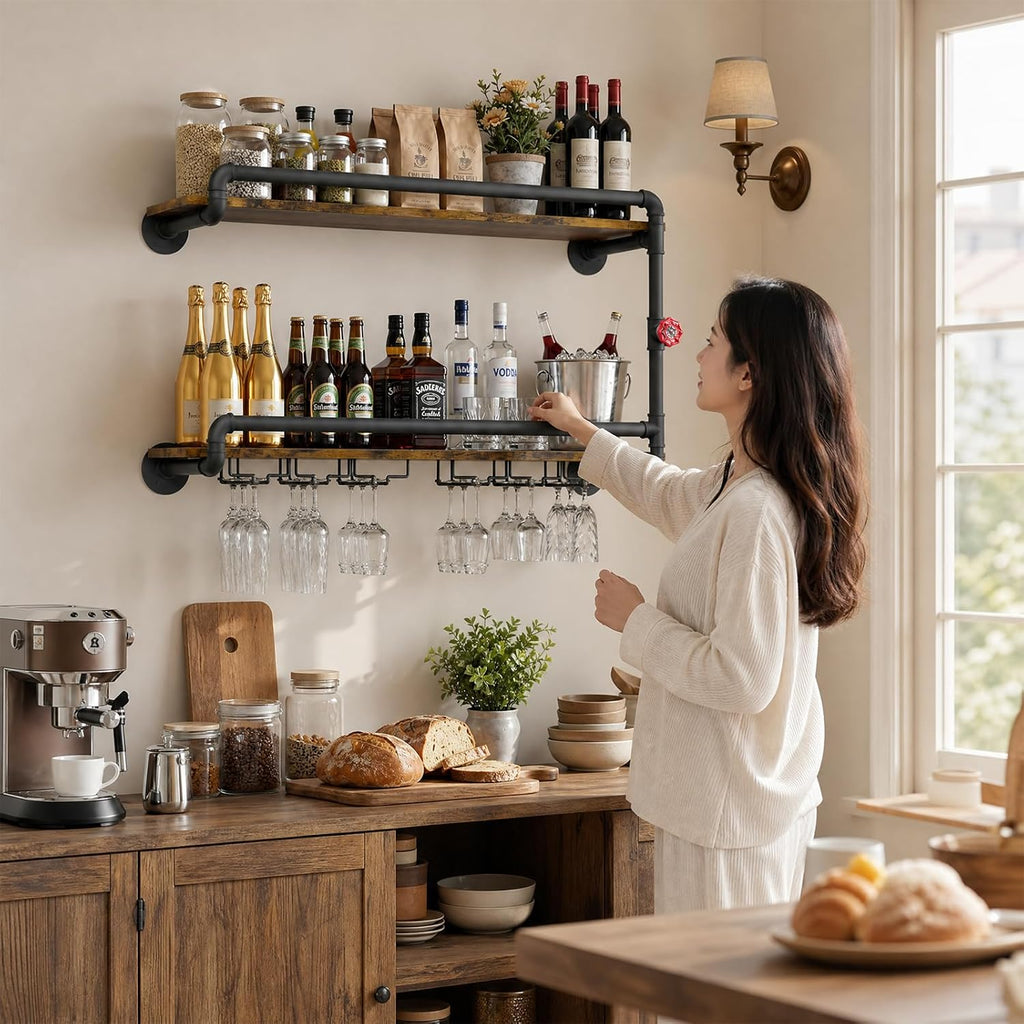 Merapi 2 Tier Floating Shelf Wine Rack with Stemware Holder