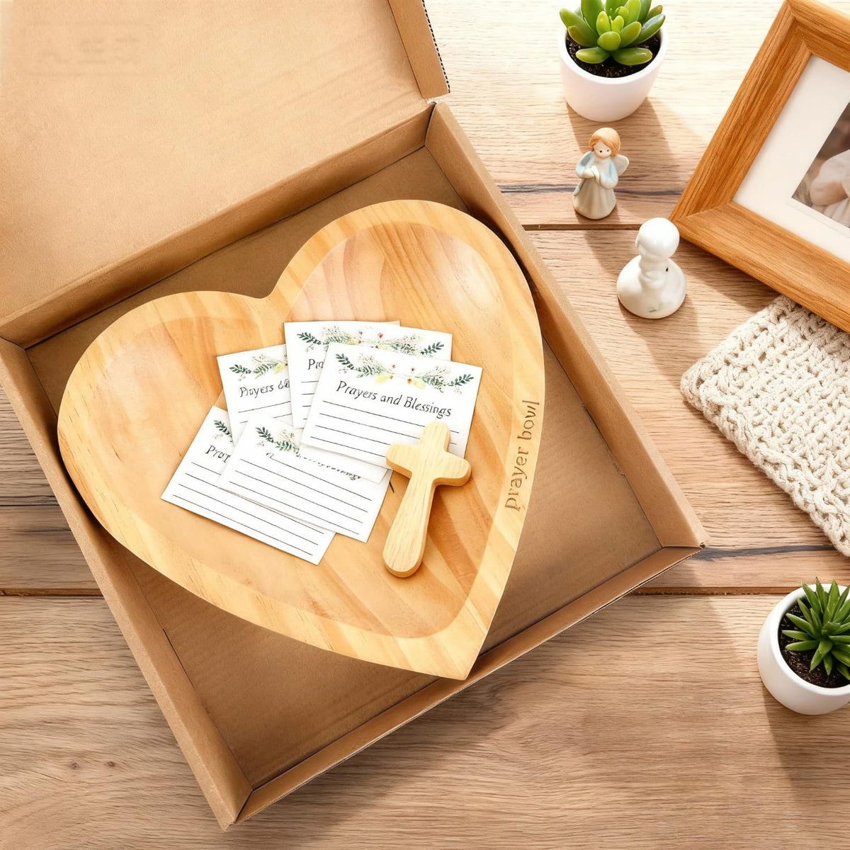 Wooden Prayer Bowl with 24 Cards & Pine Cross, Heart Shaped Christian Premium Solid Heart Container Love Bowl for Home Decor Religious Christmas Men Women Gifts (300g)