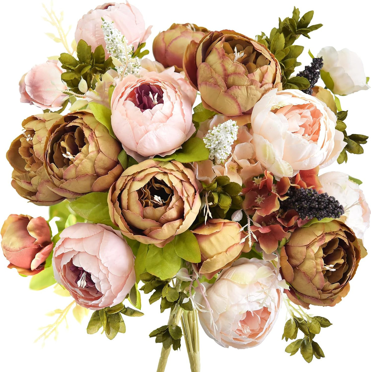 FiveSeasonStuff Mixed Pale Pink & Tawny Brown Artificial Peony Set of 2
