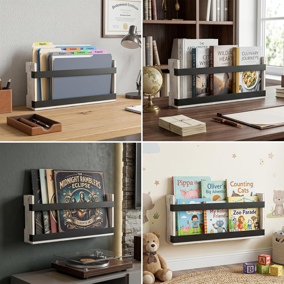 MyGift Magazine Rack, Whitewashed Wood & Black Metal, Wall-Mounted Display